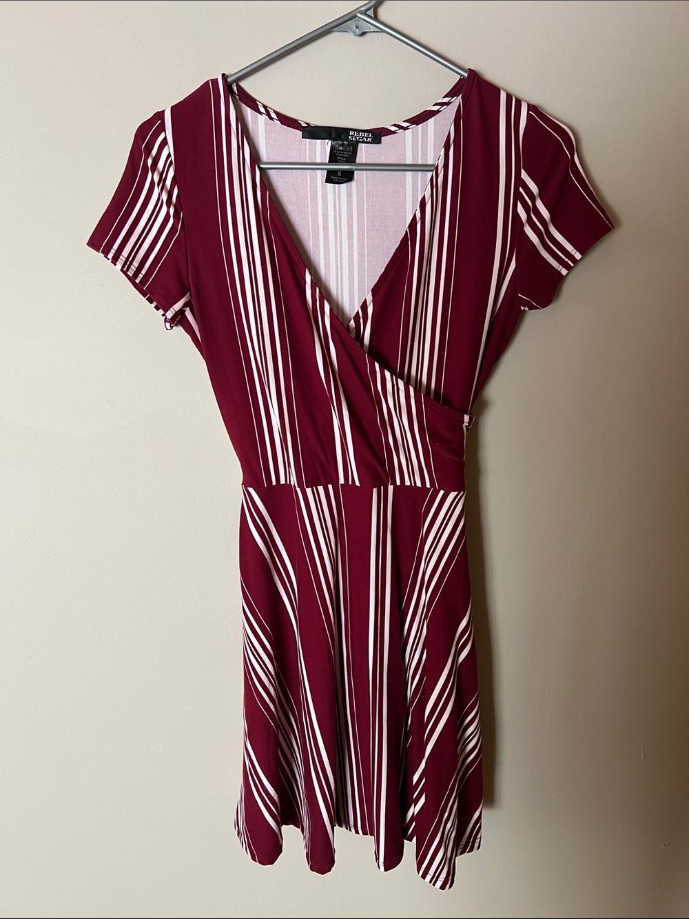 Rebel Sugar Maroon & White Striped Faux-Wrap Dress